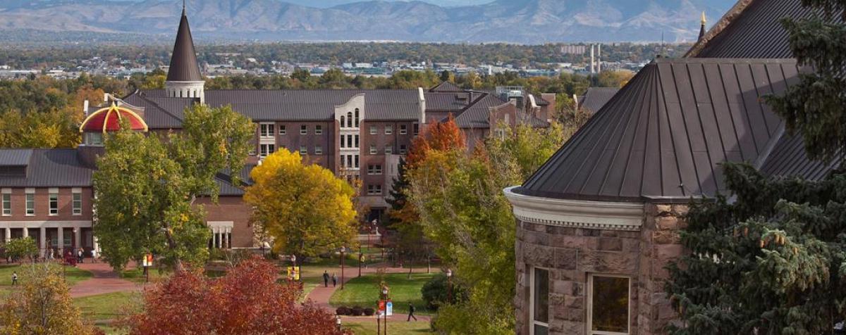 An aerial view of the DU campus buildings.